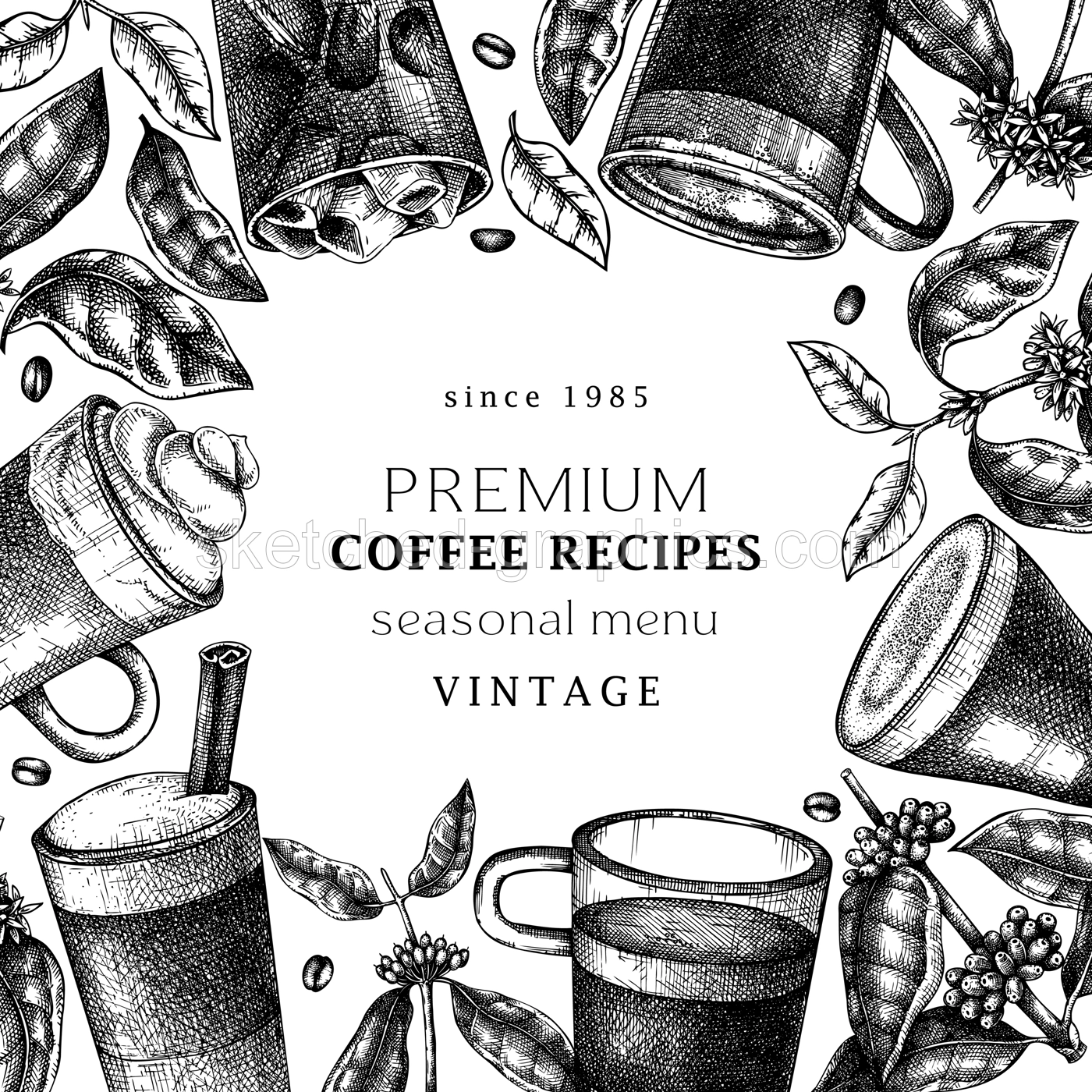Hand-sketched coffee frame design. Vector sketches of mugs with aromatic caffeine drinks. With coffee plants, leaves and beans in vintage style. Vector beverages template Illustration